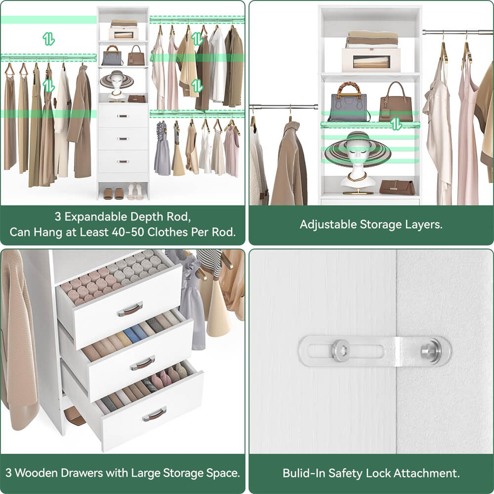 96 inch Closet Organizer System with 3 Wood Drawers and 3 Hanging Rods, Freestanding, and Adjustable