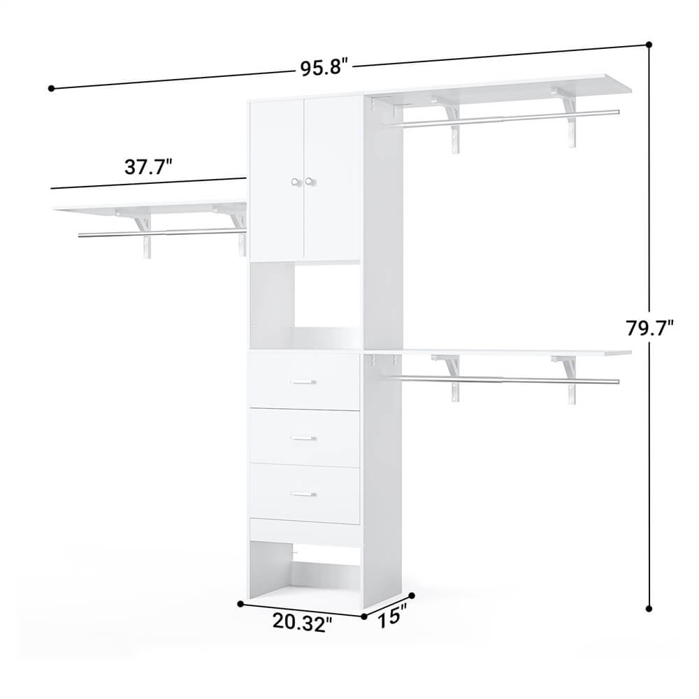 96 Inch Closet System with 3 Wood Drawers, 8FT Closet Organizer with Doors and 3 Shelve Towers, 1000 LBS Load, 96" L x 16" W x 75" H