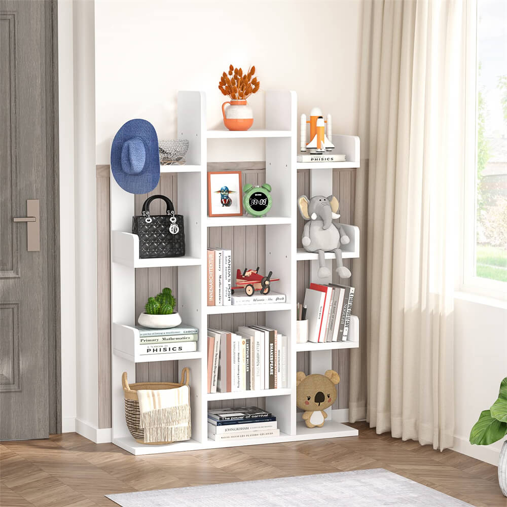 Tall Wooden Bookshelf, Tree-Shaped Bookcase Storage Shelf with 13 Compartments