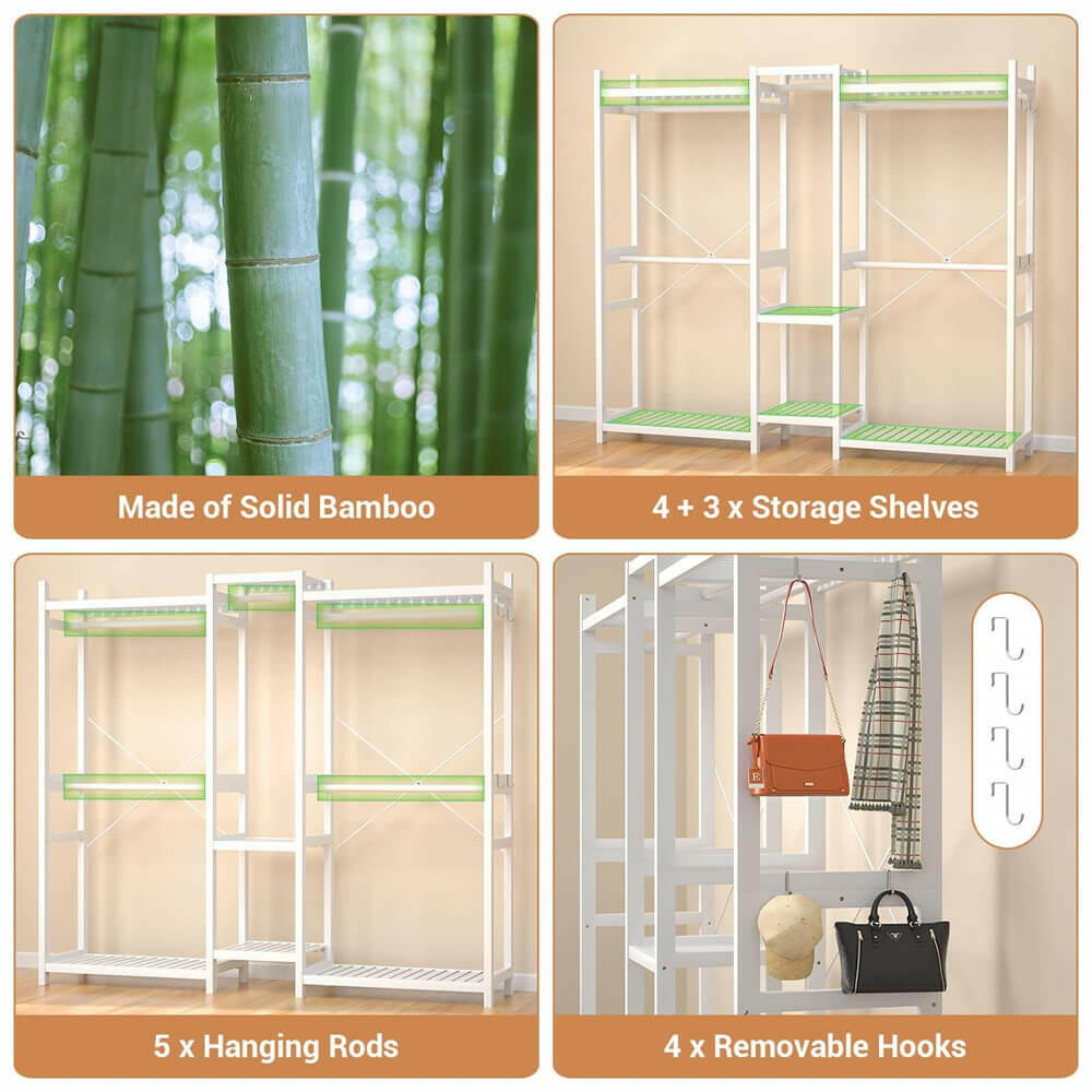 Unikito Bamboo Clothes Rack, Large Closet System Clothing Rack for Hanging Clothes, Freestanding Garment Rack with Shelves and 5 Rods, Open Wardrobe Organizer with 4 Hooks, 70”Wx77”H