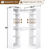 40 Inch L Shaped Corner Closet System, with 12 Shelves, 2 Hanging Rods, 6-Tier Design