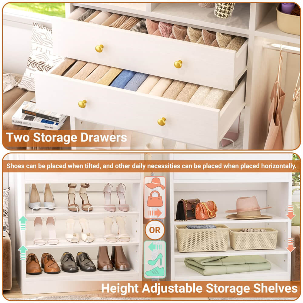 Closet System with Corner(3 Sets), 90.5" Closet Organizer System with Drawers, Shelves, and Hanging Rods