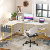 Unikito L Shaped Desk with Power Outlet, 98.4" Reversible Corner Computer Table with Storage Shelves and Bag, Modern 2 Person Large Long Desk for Home Office Writing Study Workstation