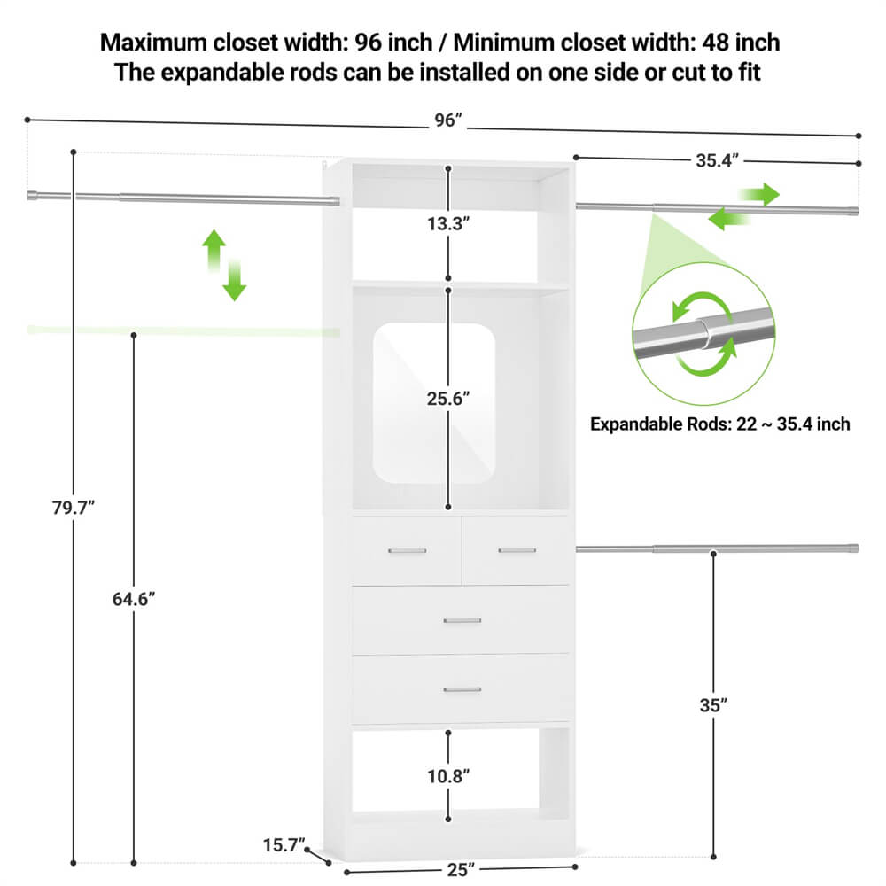 Unikito 96'' Closet Organizer with Drawers,  Adjustable 8FT Walk In Closet System Starter Kit with 25'' Tower and 3 Hanging Rods, Sturdy Garment Rack with 4 Storage Drawers and Mirror, 96'' W x 16'' D x 80''H
