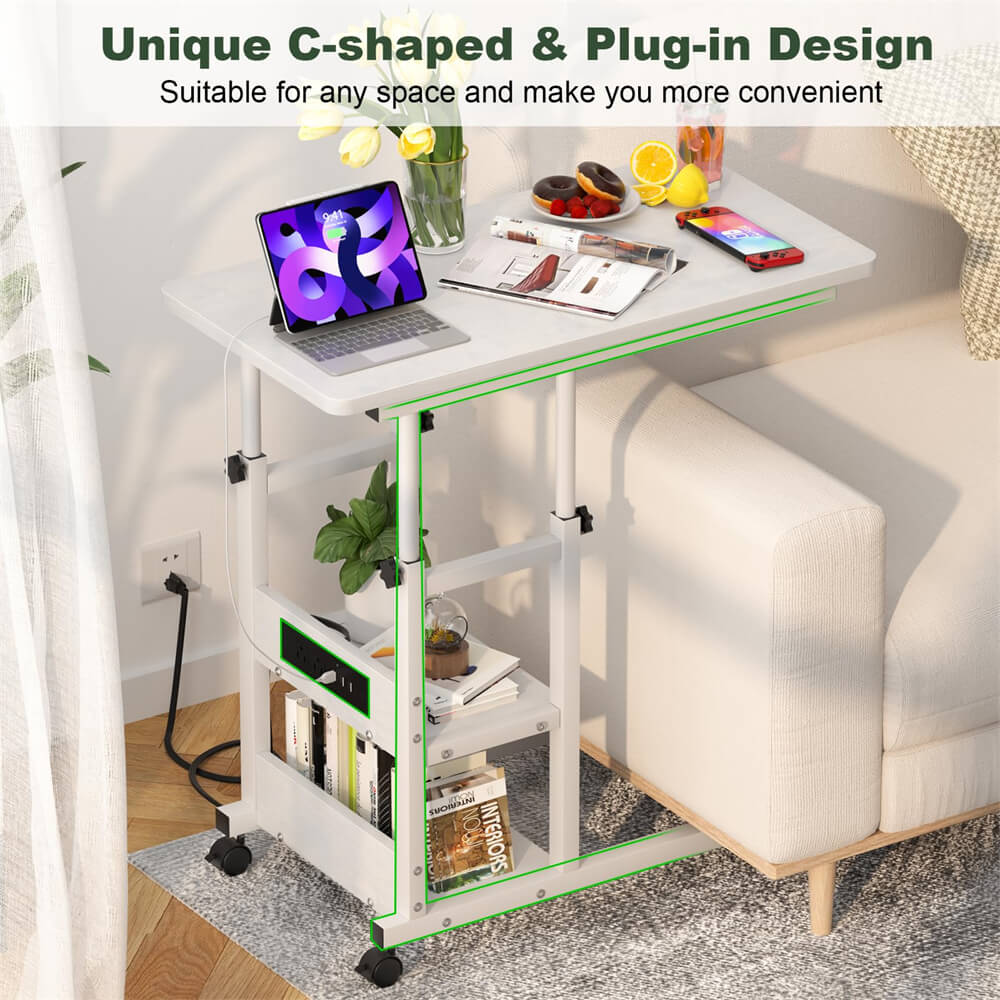 2-Tier Height Adjustable C Shaped End Table with Charging Station, with USB Ports and Wheels