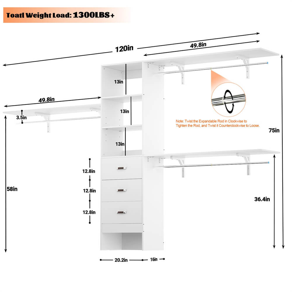 10FT Closet System with 3 Drawers, Walk In Closet Organizer with 3 Shelf Towers, 120" L x 16" W x 75" H, Max Load 1300 LBS