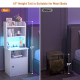 Tall Nightstand with Charging Station and LED Lights, 47 inch Height, with Bookshelf and Storage Cabinet