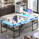 Unikito U Shaped Computer Desks, Reversible Office Desk with LED Strip and Power Outlets, L Shaped Table with Full Monitor Stand and Storage Shelves, 83 Inch Large U- Shape Gaming Desk