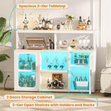 Unikito Bar Cabinet with Power Outlet, Liquor Cabinet with Led Lights and Glass Holders, Storage Buffet Cabinet Coffee Bar Cabinet for Liquor, Wine Cabinet with Racks for Home, Kitchen