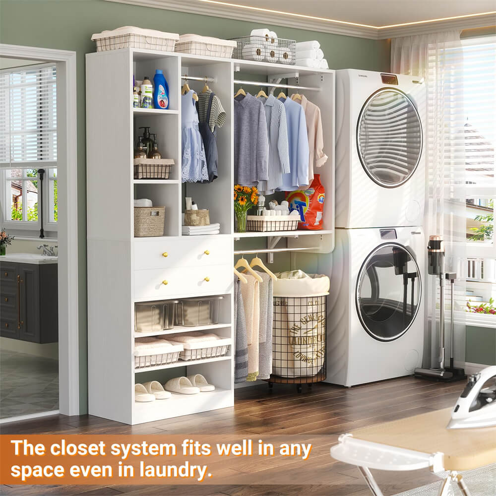 5FT Closet System with 2 Wood Drawers, 2 Hanging Rods & Shelf Towers, Reversible, Wall-Mount