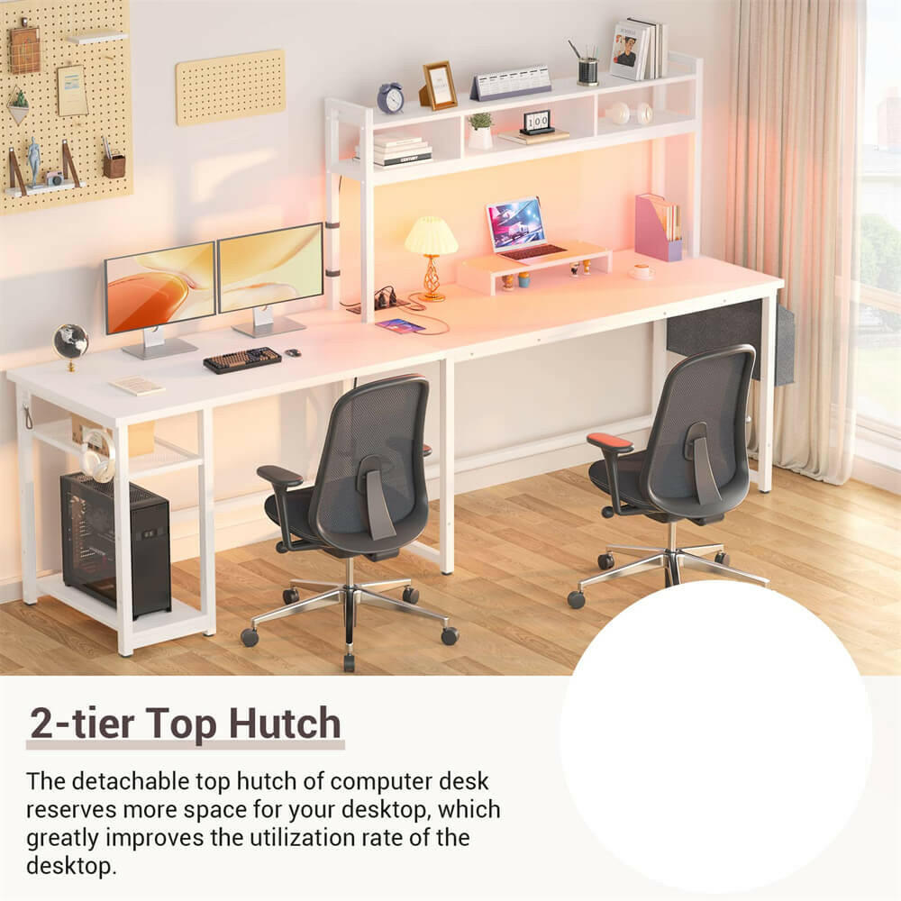 Unikito L Shaped Desk with Power Outlet & LED Strip, Reversible L-Shaped Corner Computer Desks Gaming Desk with Storage Shelf & Monitor Stand, Modern 2 Person Home Office Desk, Writing Desk