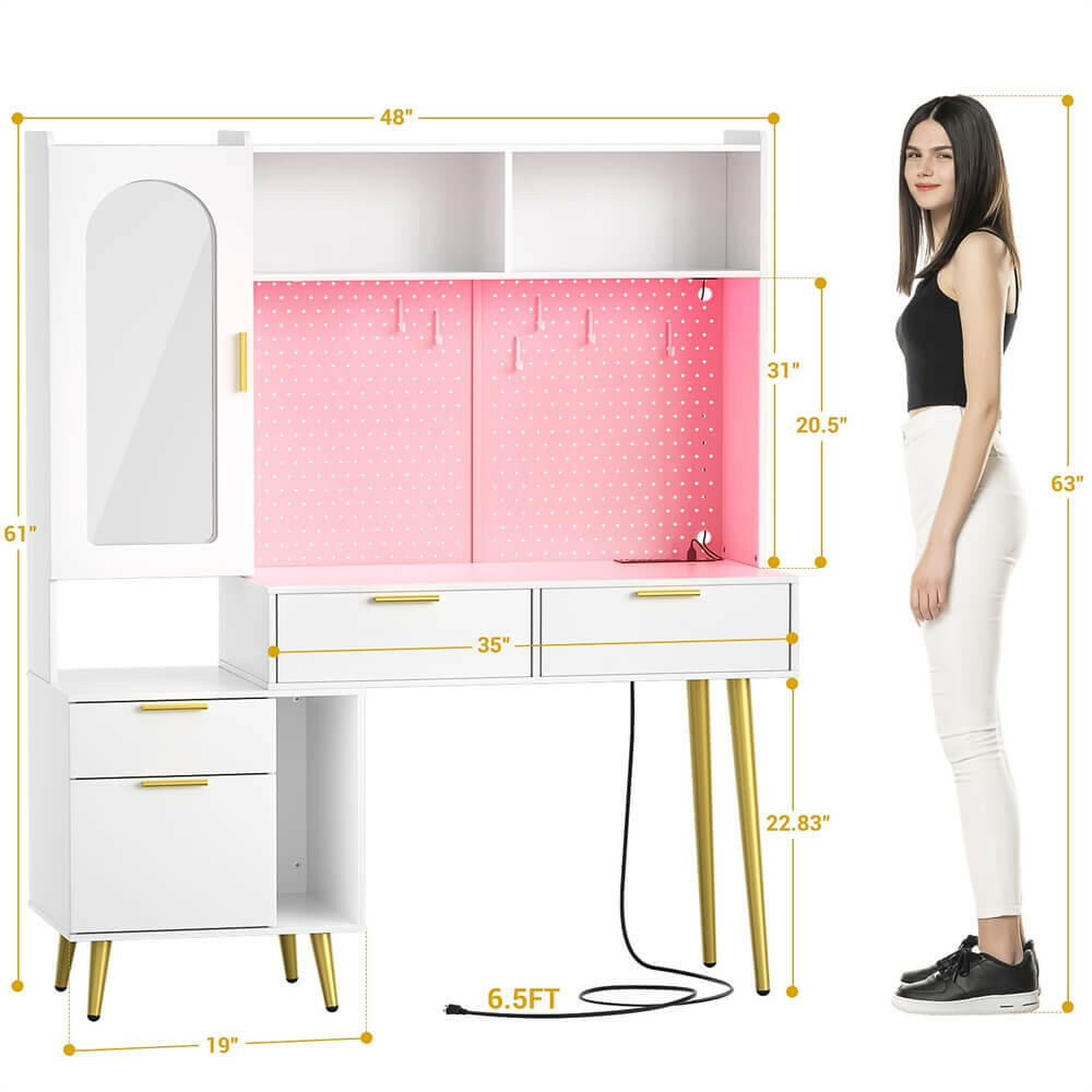 Unikito 48'' Makeup Vanity with Hutch, White Bedroom Vanity with Charging Station and LED, Tall Vanity Table with Pegboard, Mirror, 5 Big Drawers & Shelves, Cabinet, Bedroom Dressing Tables