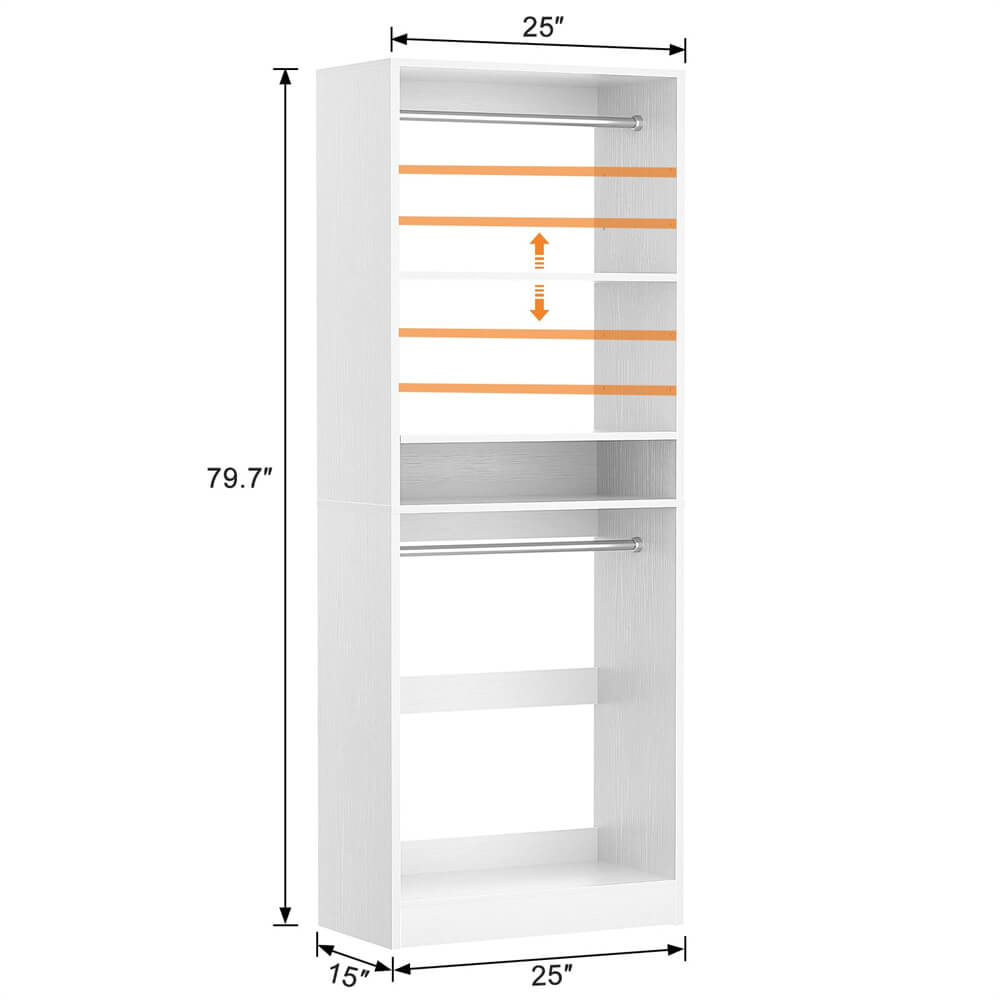 Unikito 25'' Closet System, Freestanding Closet Organizer Wardrobe with Hanging Rods and Shelves, Adjustable Clothes Garment Rack, Sturdy Walk in Closet Tower, 25" W x 16" D x 80" H