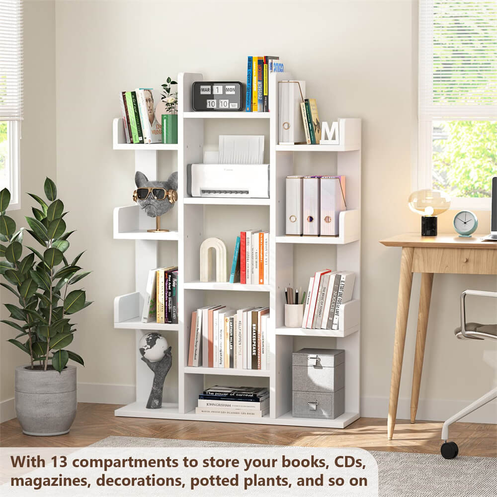 Tall Wooden Bookshelf, Tree-Shaped Bookcase Storage Shelf with 13 Compartments