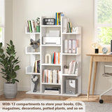 Tall Wooden Bookshelf, Tree-Shaped Bookcase Storage Shelf with 13 Compartments