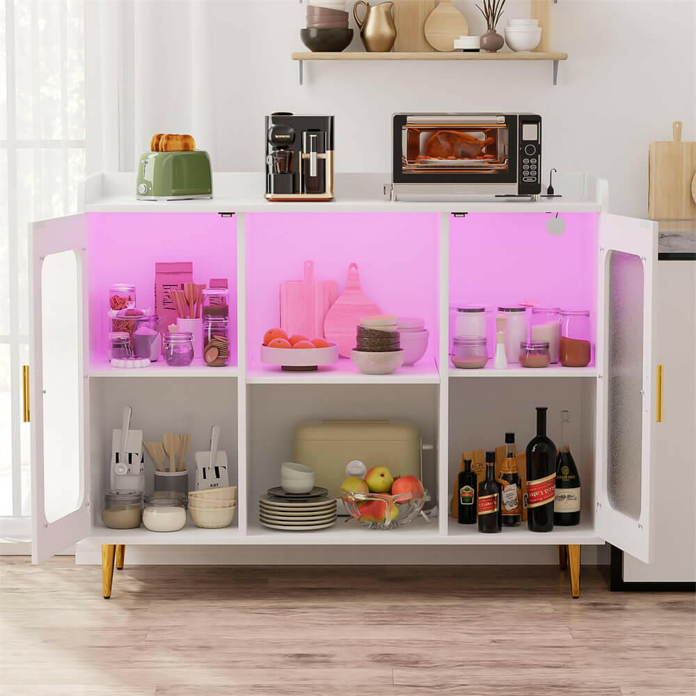 Unikito Liquor Cabinet Bar with Power Outlet and LED Light, Wine Bar Cabinet with Wine and Glasses Rack, Home Coffee Bar Cabinet, Buffet Sideboard with Storage Shelf for Kitchen, Dining Room