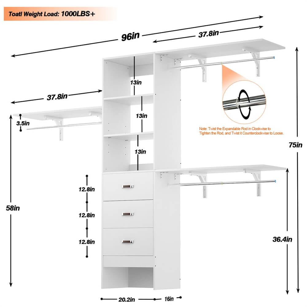 Unikito 96 Inches Closet System, 8FT Walk In Closet Organizer with 3 Shelving Towers, Heavy Duty Clothes Rack with 3 Drawers, Built-In Garment Rack, 96"L x 16"W x 75"H, Load 1000 LBS