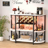 Unikito 4-Tier Metal Coffee Bar Cabinet with Outlet and LED Light, Freestanding Floor Table for Liquor Glass Holder Wine Rack Storage, Bakers Kitchen Dining Room