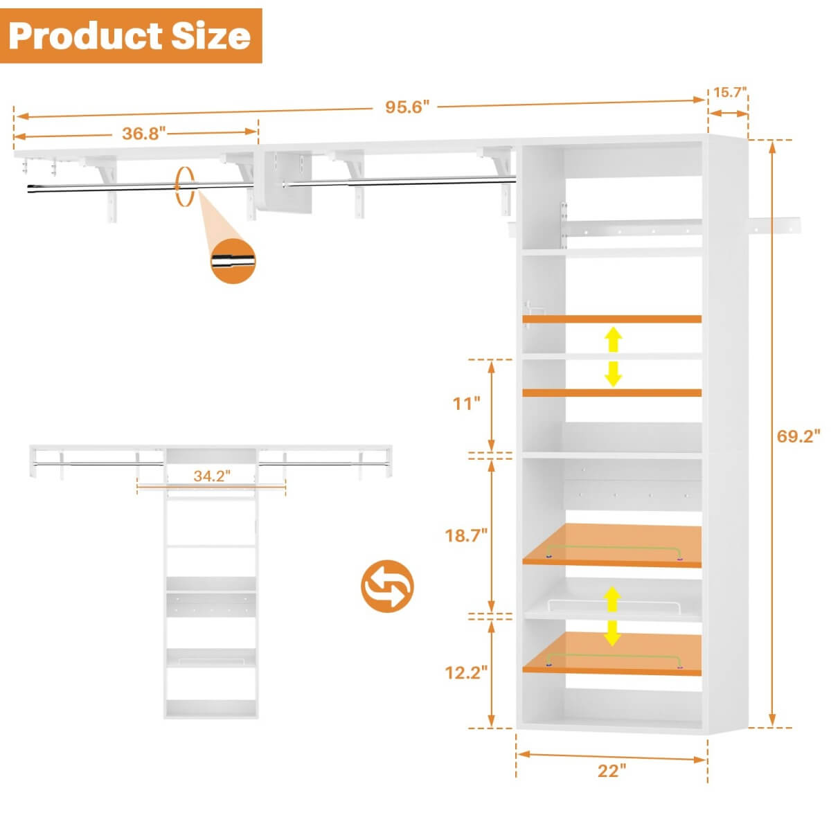 8FT Over Washer and Dryer Storage Shelf, Wall Mounted Laundry Room Organizer with Hanging Rods