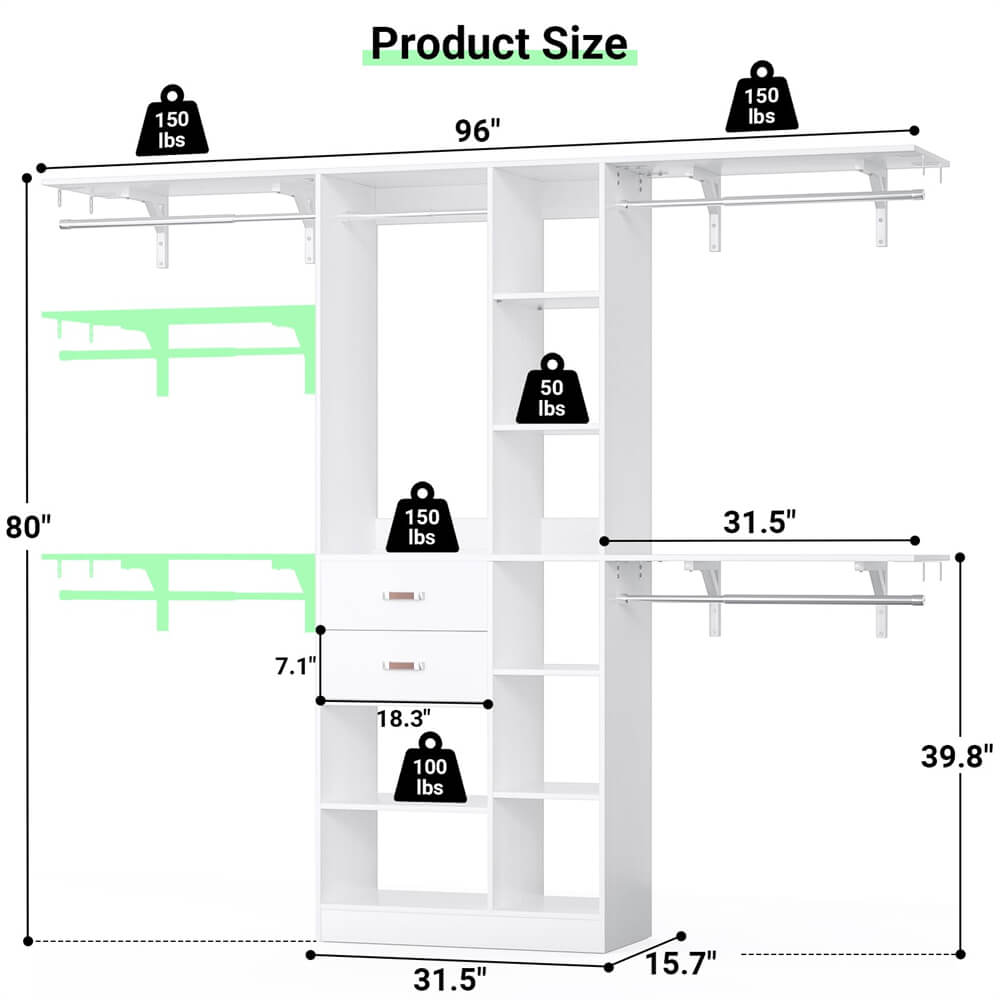 8FT Heavy Duty Closet Organizer System, Walk In Closet System with 13 Shelves and 2 Wood Drawers