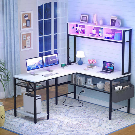 Unikito L Shaped Computer Desk with LED Strip and Power Outlets, Reversible L-Shaped Corner Desk with Storage Shelves and Bag, Industrial Home Office Desk Gaming Table with USB Port