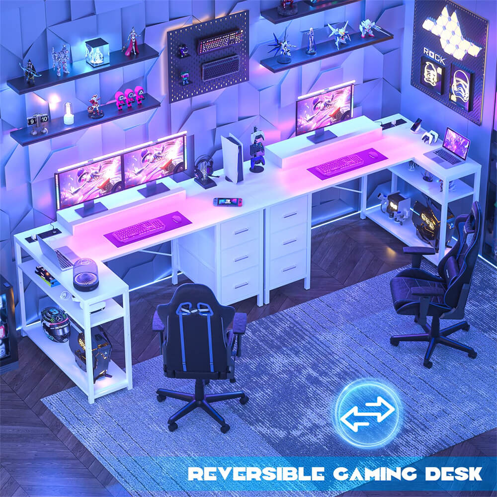 53 Inch L Shaped Computer Gaming Desk with Power Outlets & LED Lights, Corner Desk with 3 Fabric Drawers and Shelves, Reversible