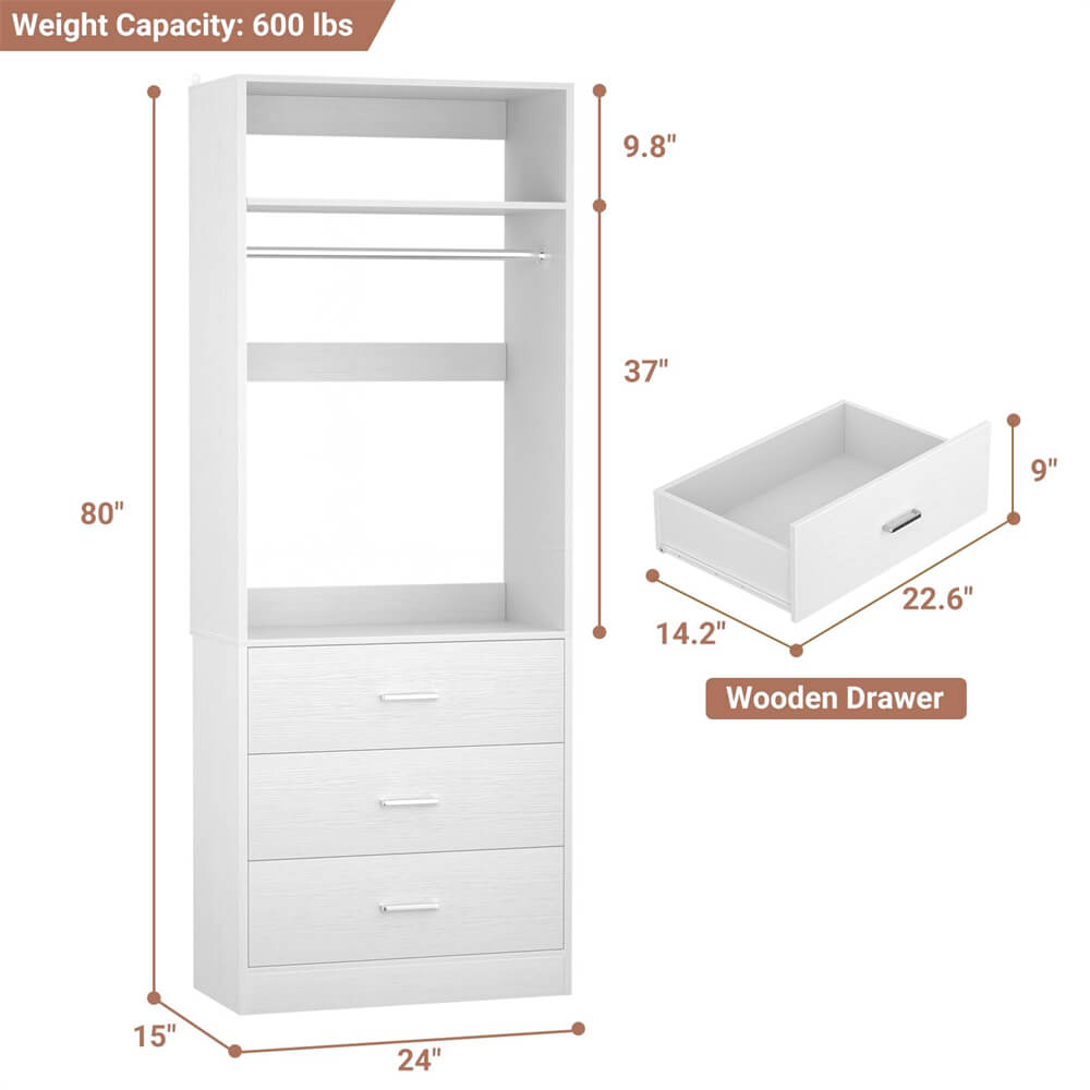 2FT  Freestanding Closet System with 3 Wood Drawers, Closet Organizer with Hanging Rod & Shelves, 24"L x 15" W x 80" H