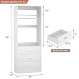 2FT  Freestanding Closet System with 3 Wood Drawers, Closet Organizer with Hanging Rod & Shelves, 24"L x 15" W x 80" H