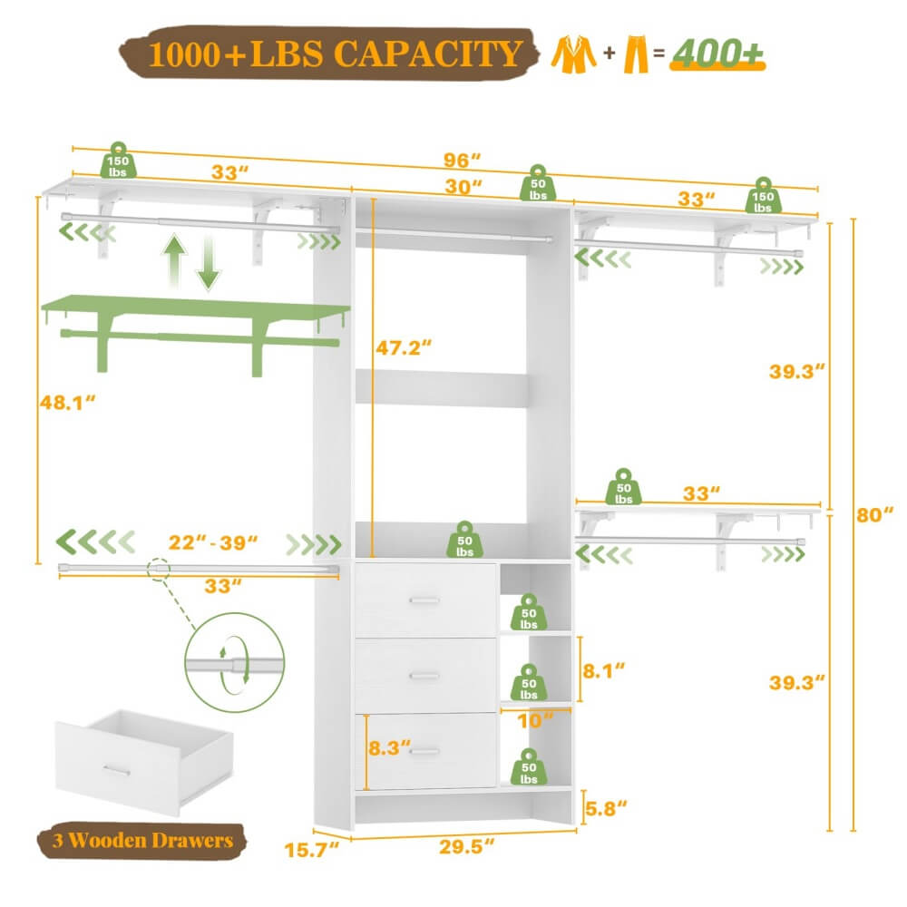 96 Inch Heavy Duty Walk In Closet System with 3 Wooden Drawers and 4 Adjustable Hanging Rods, Fits 5.3-9 ft