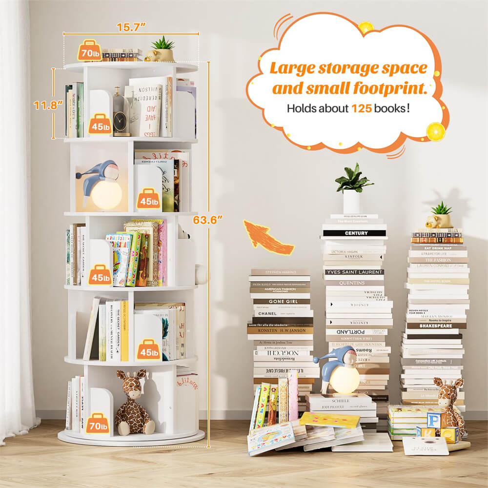 5-Tier Rotating Bookshelf, Wooden Spinning Bookshelf Tower, Suitable for Small Spaces Such as Bedroom, Stury Room