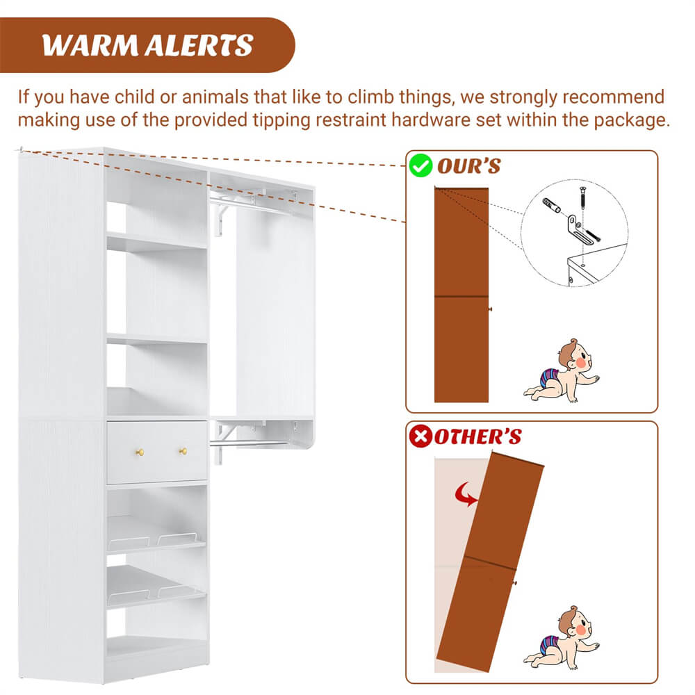 5FT Closet System with Drawer, Reversible Wood Closet Organizer with Hanging Rods, Hanging Shelves, and Shoe Rack