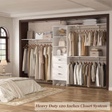 10FT Closet System with 3 Drawers, Walk In Closet Organizer with 3 Shelf Towers, 120" L x 16" W x 75" H, Max Load 1300 LBS