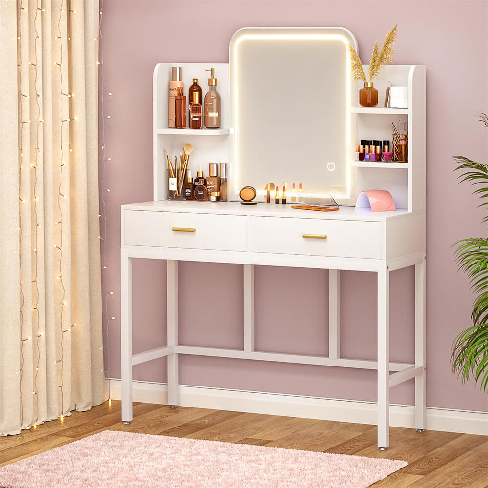 Vanity Desk with Lighted Mirror and 2 Wooden Drawers, Makeup Vanity Desk with 3 Shelves, for Bedroom