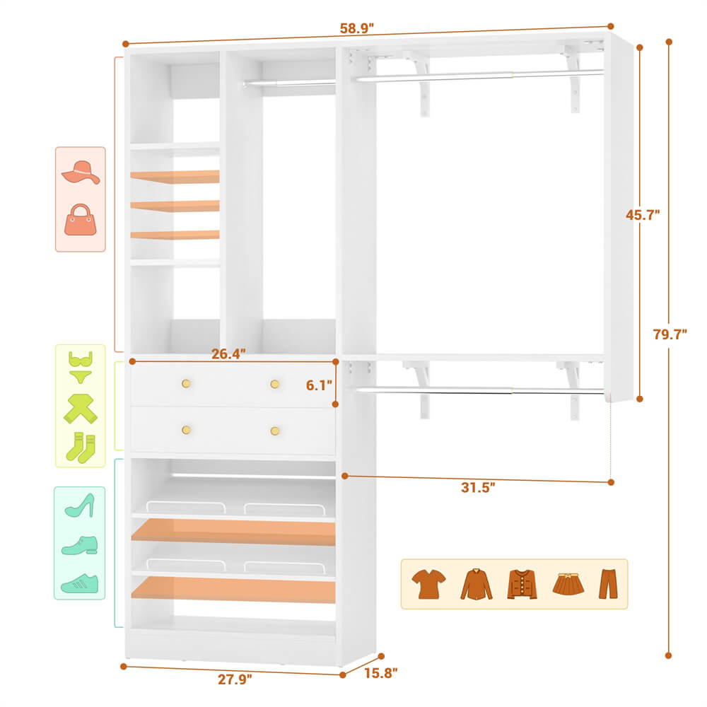 5FT Closet System with 2 Wood Drawers, 2 Hanging Rods & Shelf Towers, Reversible, Wall-Mount