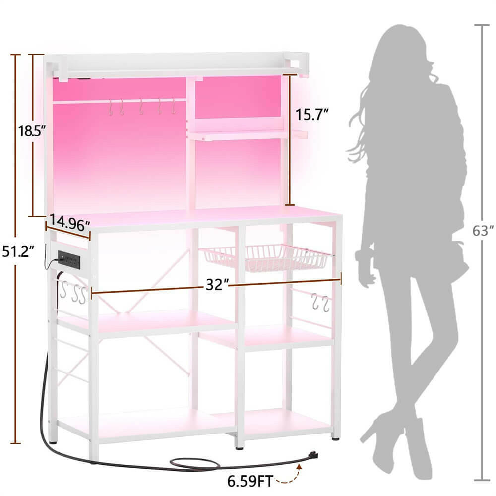 Unikito Bakers Rack with Power Outlet and LED Light Strings, Microwave Oven Stand Kitchen Storage Shelf with Wire Basket, Coffee Bar Station Island Table with 10 Hooks for Spices, Pots