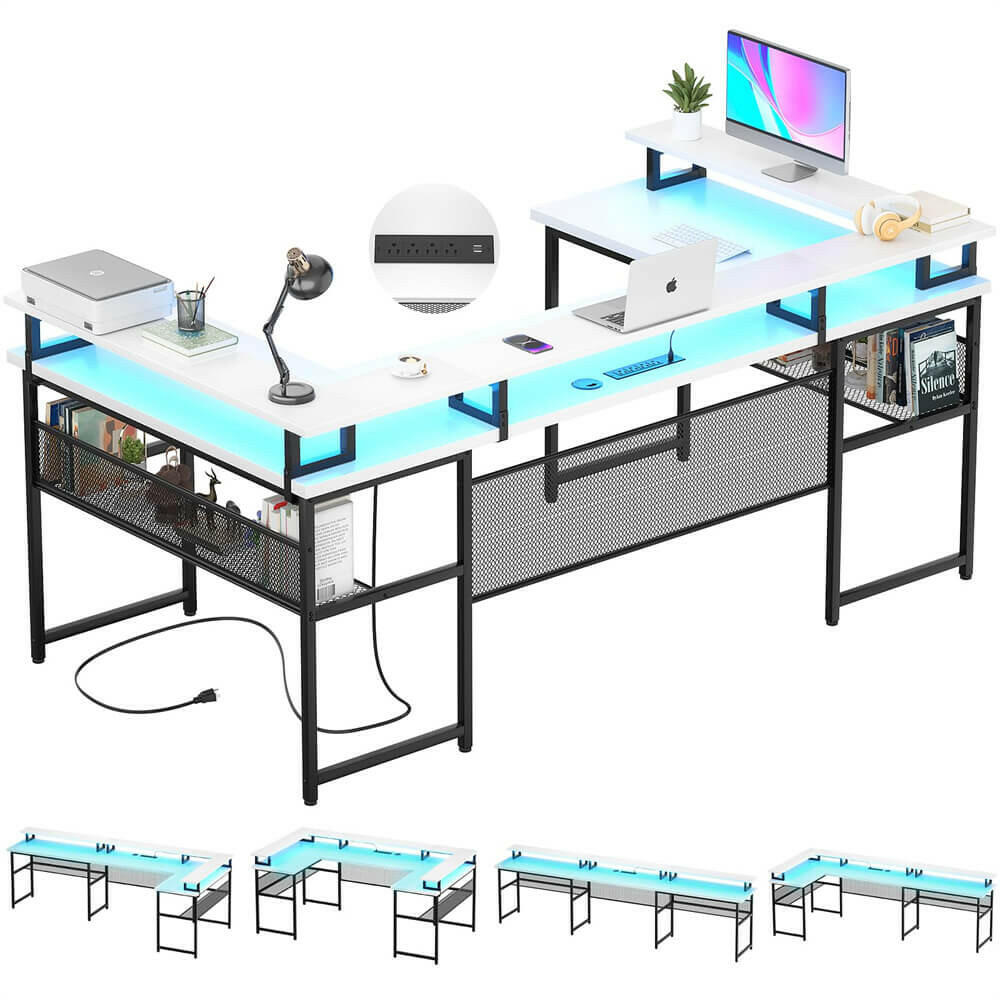 Unikito U Shaped Computer Desks, Reversible Office Desk with LED Strip and Power Outlets, L Shaped Table with Full Monitor Stand and Storage Shelves, 83 Inch Large U- Shape Gaming Desk