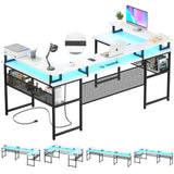 Unikito U Shaped Computer Desks, Reversible Office Desk with LED Strip and Power Outlets, L Shaped Table with Full Monitor Stand and Storage Shelves, 83 Inch Large U- Shape Gaming Desk