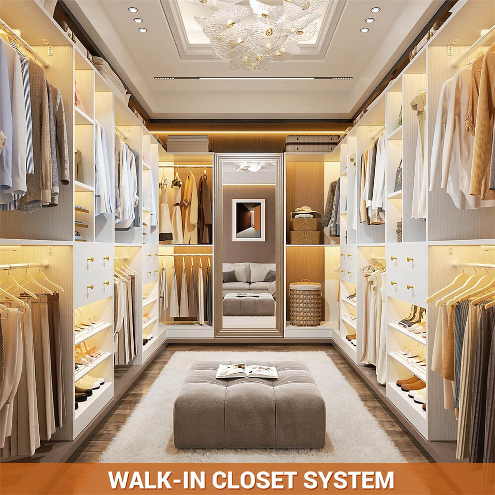 Closet System with Corner, 90.5 Inch Wooden Closet Organizer System with Drawers, Hanging Rods and Shelves