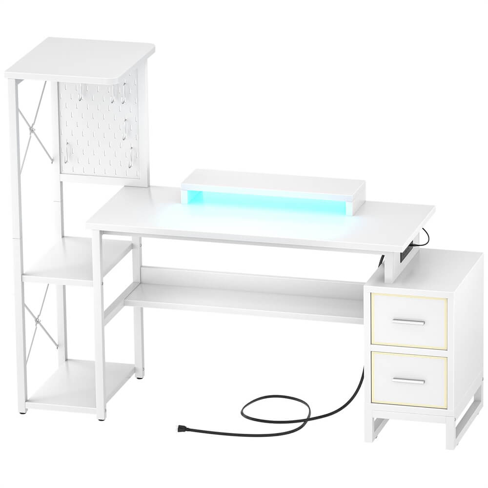 53 Inch Computer Desk with 2 Fabric Drawers, Reversible Home Office Desk with LED Lights, Power Outlets, Side Tall Shelf