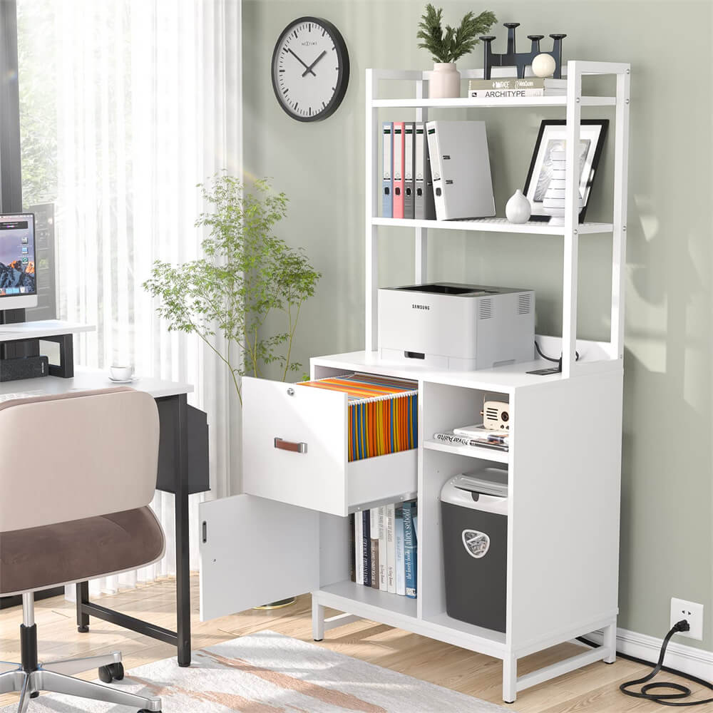 Vertical Filing Cabinet with Lock Drawers, Power Outlets and Shelf