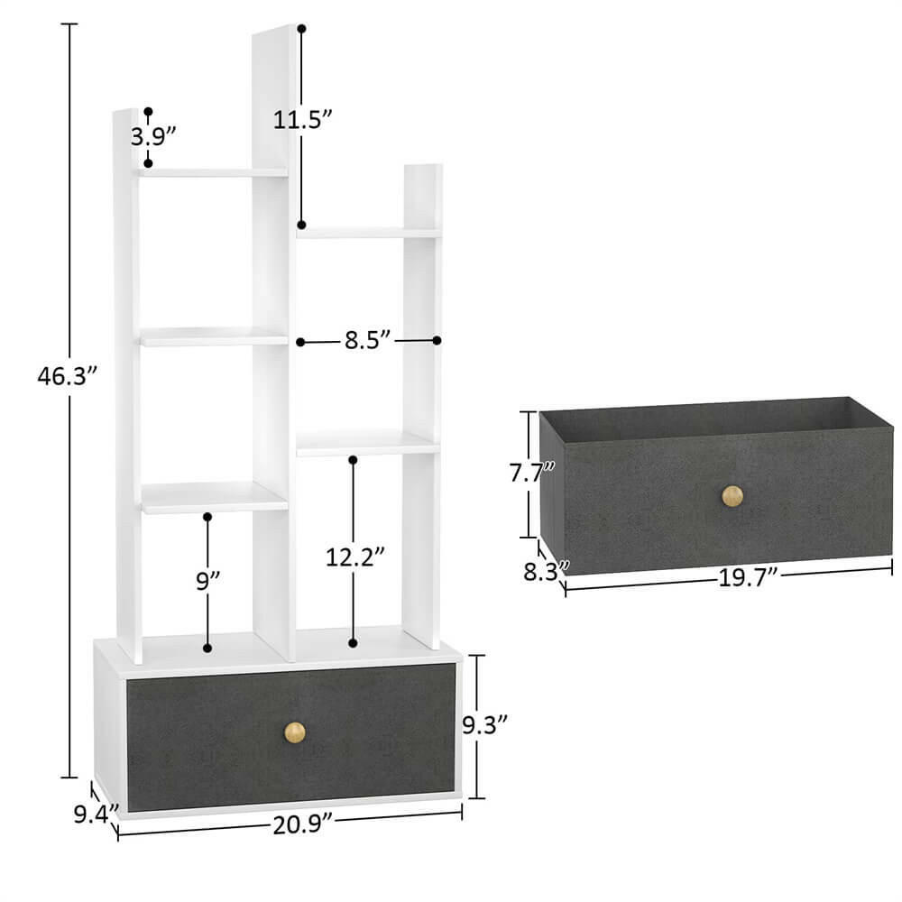 Unikito Bookshelf with Drawer, Free Standing Bookcase with Storage, Open Book Shelf Organizer, Industrial 7 Open Book Shelves, Display Wood Book Case for Bedroom, Living Room, Home Office