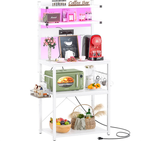 5-Tier Bakers Rack with Power Outlets, LED Lights, and Metal Hooks