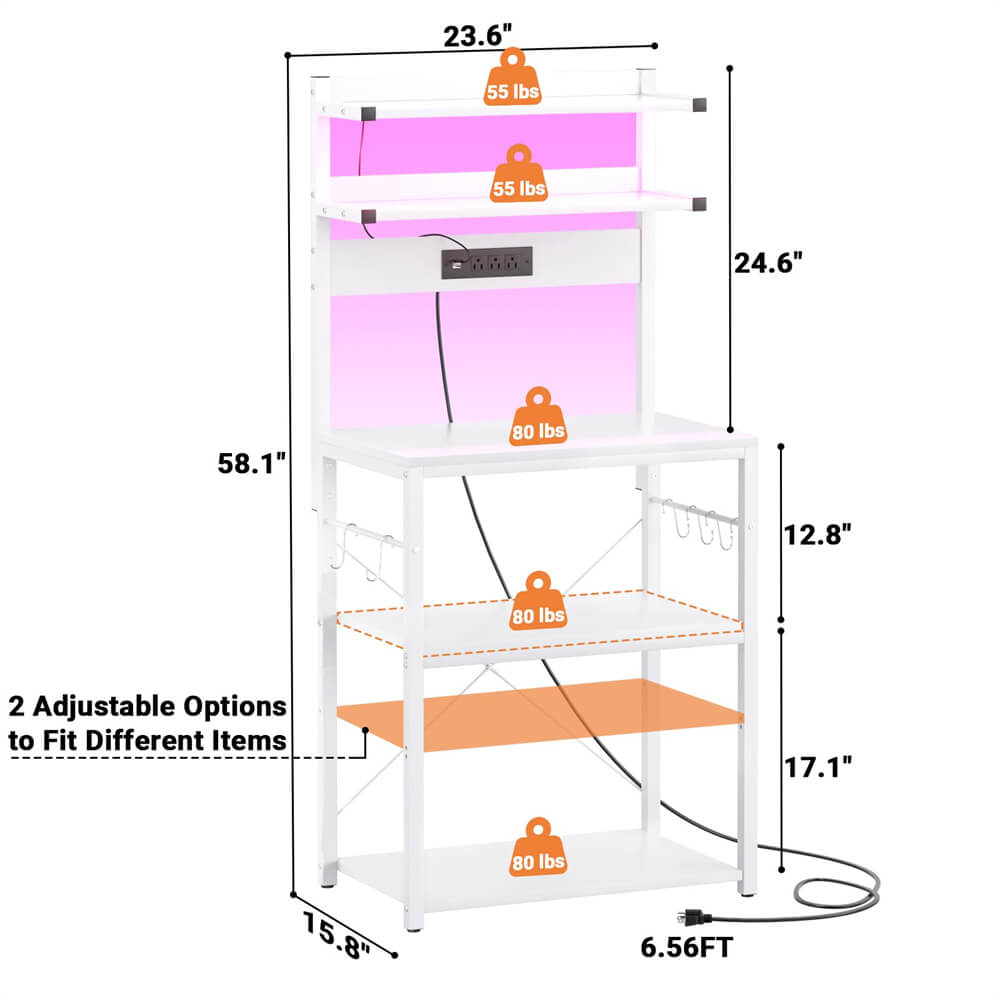 5-Tier Bakers Rack with Power Outlets, LED Lights, and Metal Hooks