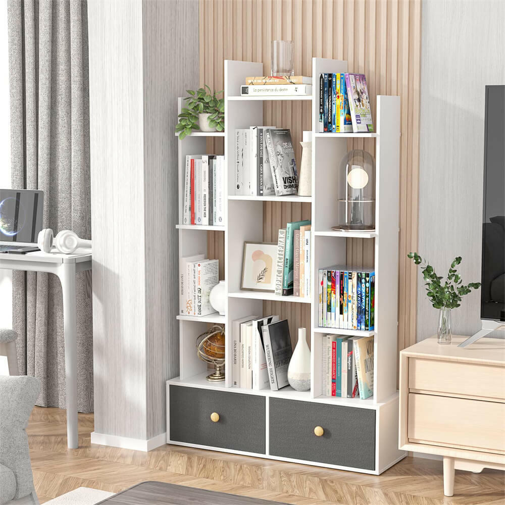 Unikito Book Shelf with 2 Drawers Free Standing Bookcase, Office Storage Shelf Organizer with 12 Open Bookshelf, Industrial Wood Book Case Display Rack for Bedroom, Living Room Home Office