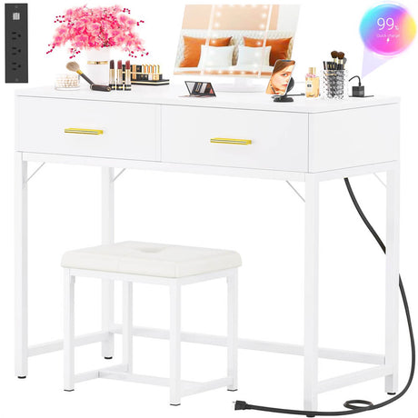 Makeup Vanity Desk Set with Tri-Fold Lighted Mirror, Dressing Table with Drawers and Power Outlets