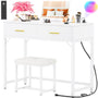 Makeup Vanity Desk Set with Tri-Fold Lighted Mirror, Dressing Table with Drawers and Power Outlets