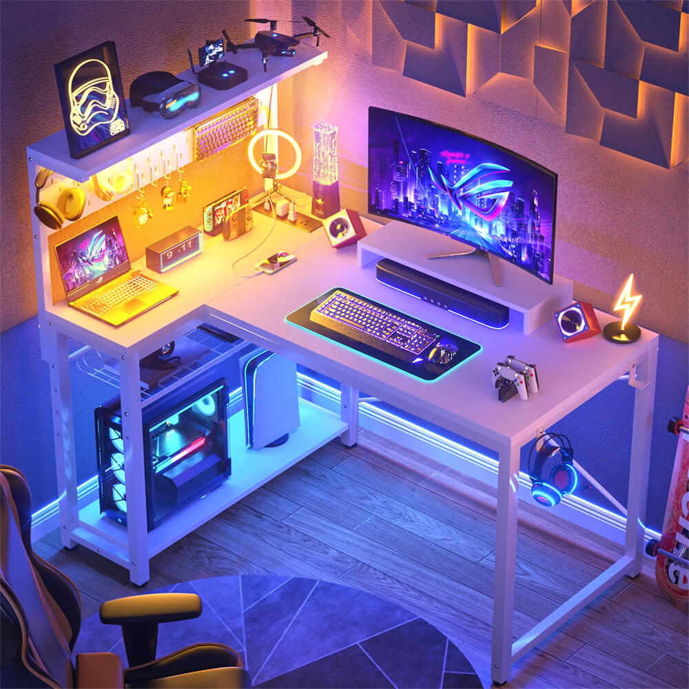 Uniktio Small Gaming Desk with Power Outlets & Storage Shelves, 43 Inch L Shaped Computer Desk with Pegboard and LED Light, Reversible, Corner Desk with Headset Hooks