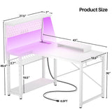 Uniktio Small Gaming Desk with Power Outlets & Storage Shelves, 43 Inch L Shaped Computer Desk with Pegboard and LED Light, Reversible, Corner Desk with Headset Hooks