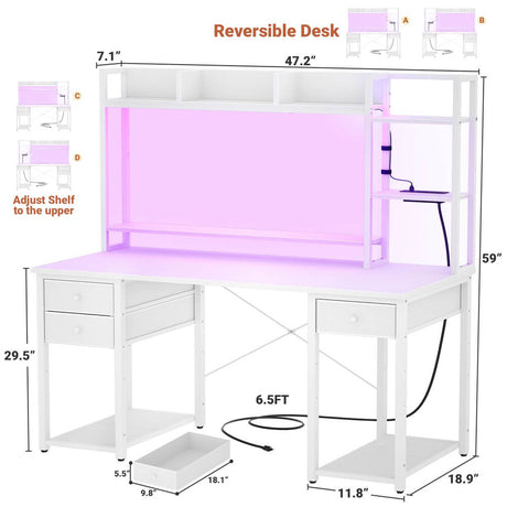 47 Inch Computer Desk Gaming Desk with Hutch, LED Lights, and Charging Station