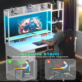 47 Inch Computer Desk Gaming Desk with Hutch, LED Lights, and Charging Station